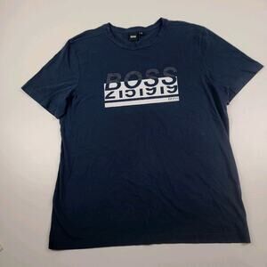 Hugo Boss‎ BOSS Navy Men's Colour-Block Logo Printed T-Shirt 2XL Short Sleeve